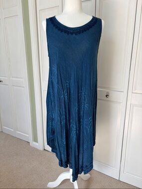 Sleeveless Navy Swim Coverup Dress with Embroidered Neckline